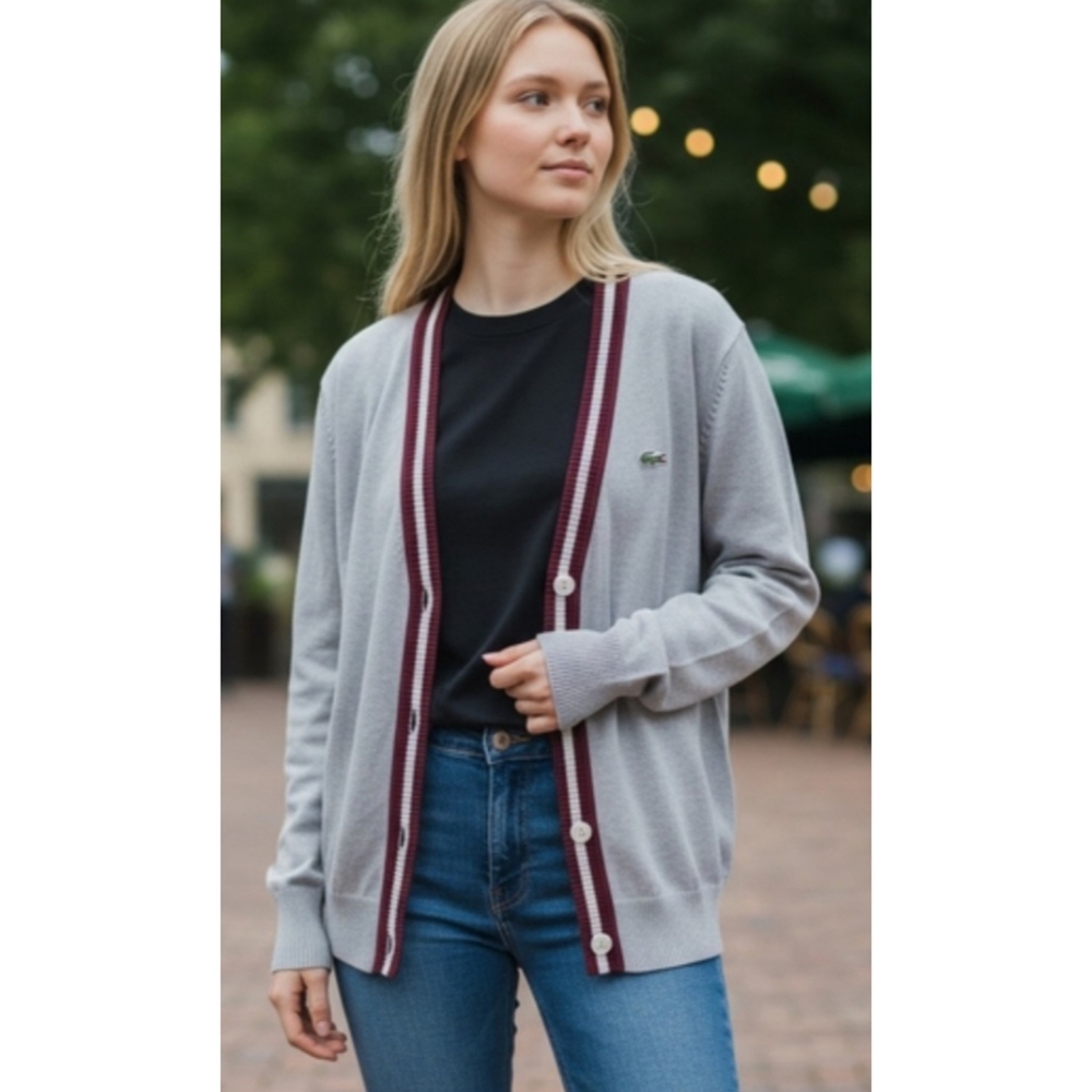 Lacoste Gray Cardigan with Burgundy Accents
